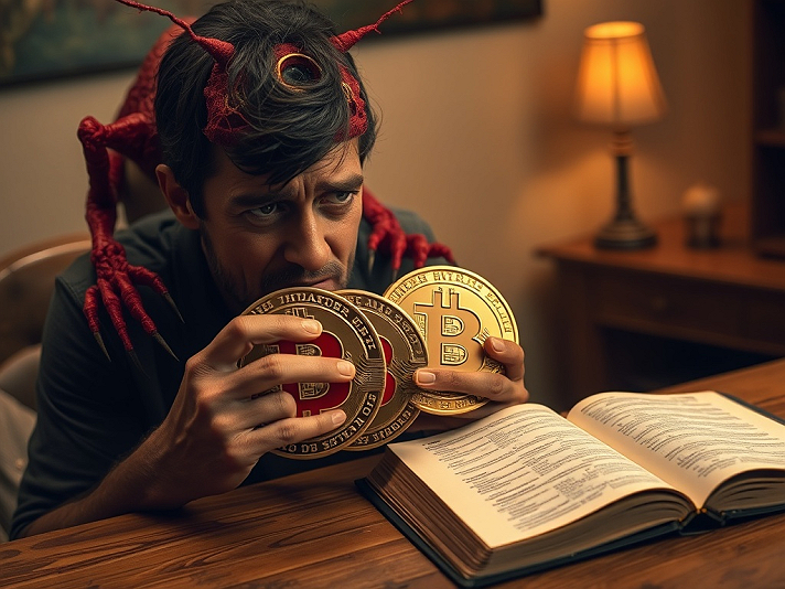 In twilights hush, where shadows play,A man sits, lost in cryptos sway,Dark hair, devils...